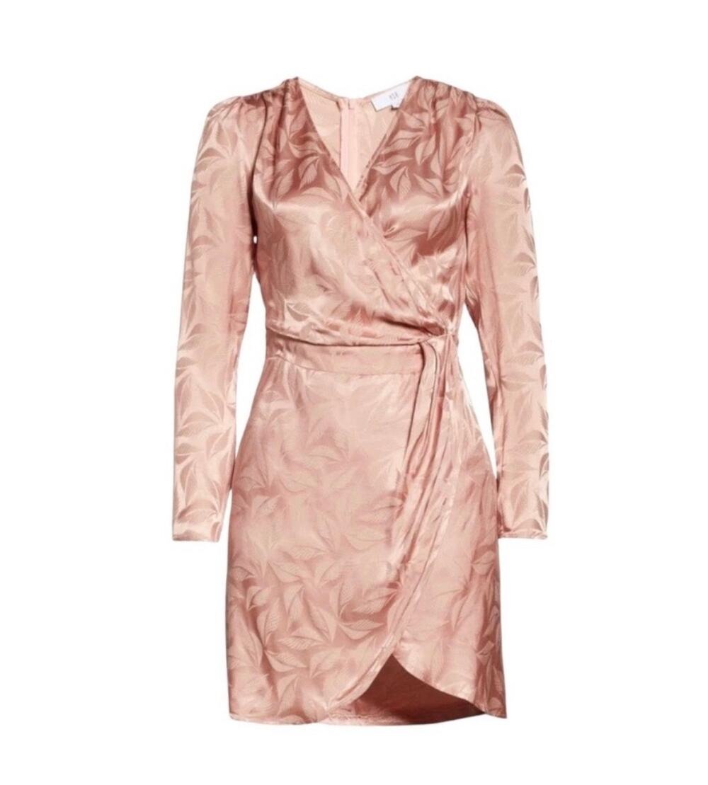 NSR Nara Faux Wrap Dress Pink Peach Rose Medium Jacquard Long Sleeve